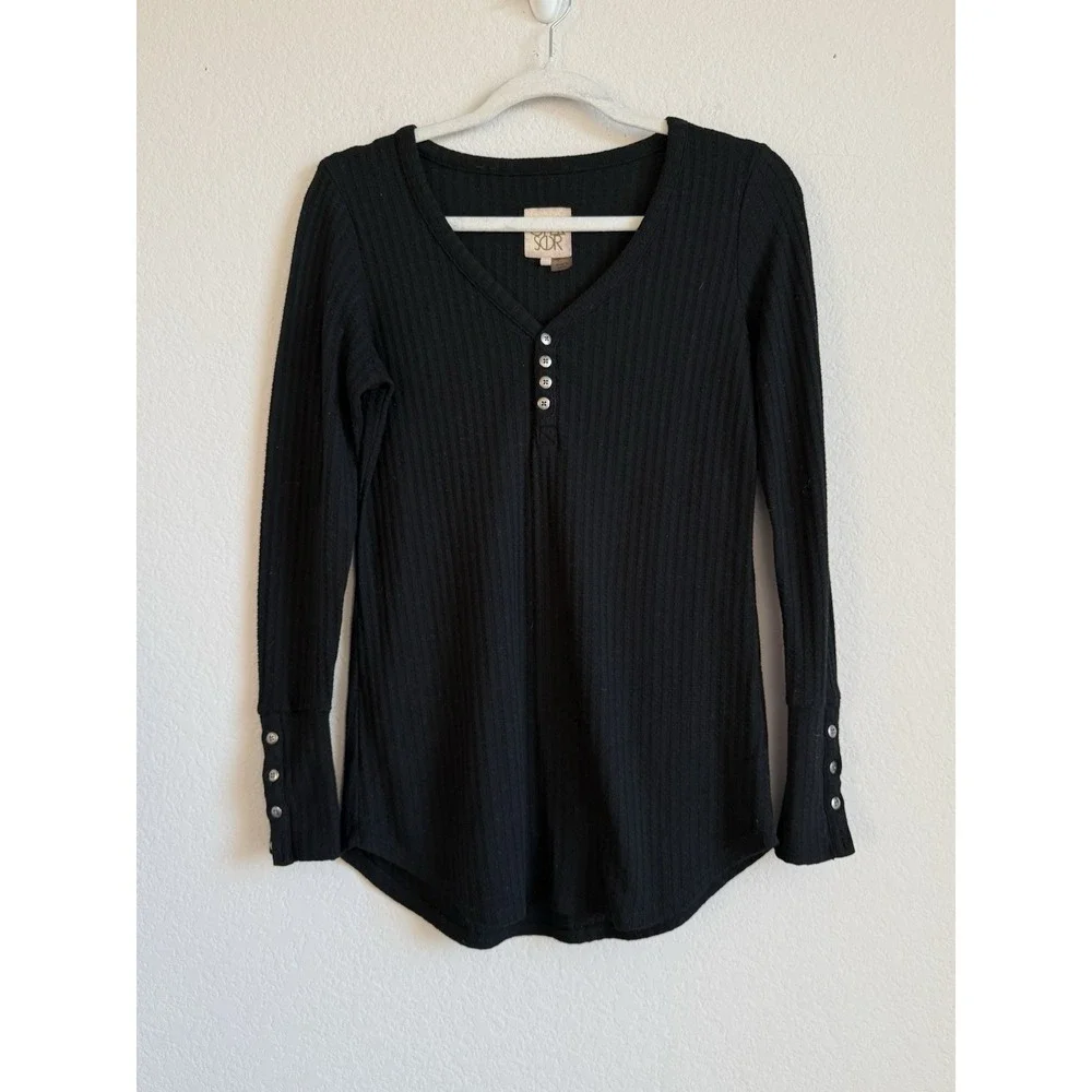 Chaser Thermal Waffle Knit Long Sleeve Henley Top Women's Small Black‎ Cozycore